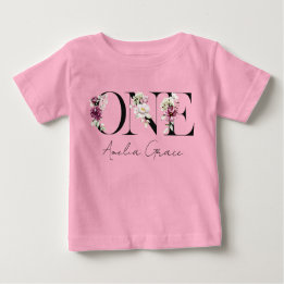 Floral ONE Baby Girl's 1st Birthday + Name Outfit Baby T-Shirt
