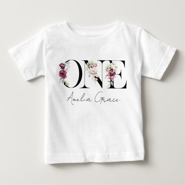 Floral ONE Baby Girl's 1st Birthday + Name Outfit Baby T-Shirt (Front)