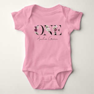 Floral ONE Baby Girl's 1st Birthday + Name Outfit Bodysuit