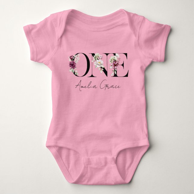 Floral ONE Baby Girl's 1st Birthday + Name Outfit Bodysuit (Front)