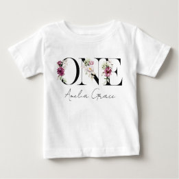 Floral ONE Baby Girl's 1st Birthday + Name Outfit T-Shirt