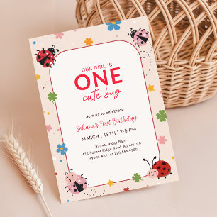 Floral One Cute Bug Ladybug 1st Birthday Party Invitation