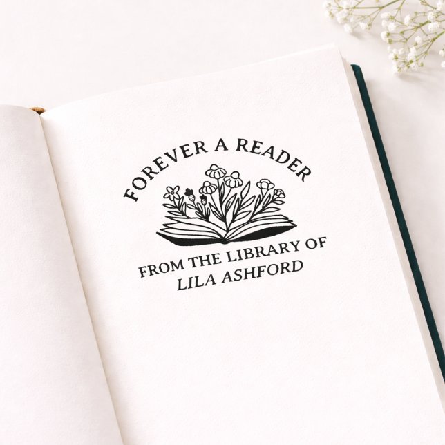 Floral Open Book From The Library Of Bookplate Rubber Stamp (forever a reader from the library of)