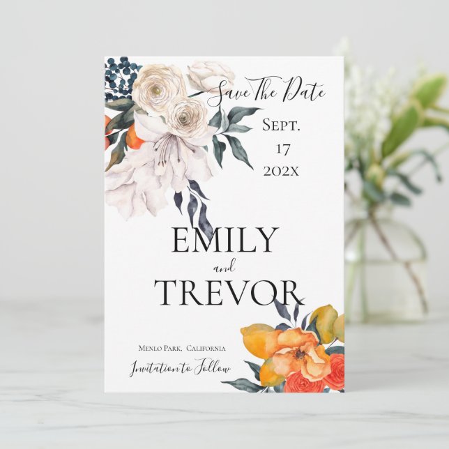 Floral orange and white wedding invitation (Standing Front)