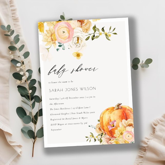 Floral Orange Autumn Pumpkin Baby Shower Invite (Creator Uploaded)