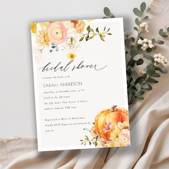 Floral Orange Autumn Pumpkin Bridal Shower Invite (Creator Uploaded)