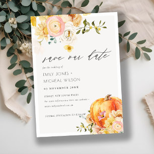 Floral Orange Autumn Pumpkin Save the Date Invite
