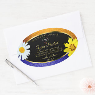 Floral Orange Blue Black Product Labels with Logo
