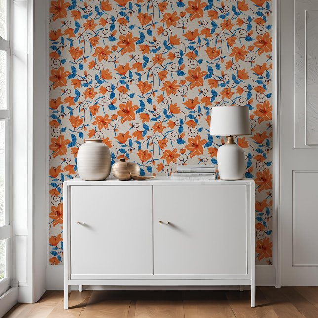 Floral Orange Blue Lily Botanical Pattern   Wallpaper (Creator Uploaded)