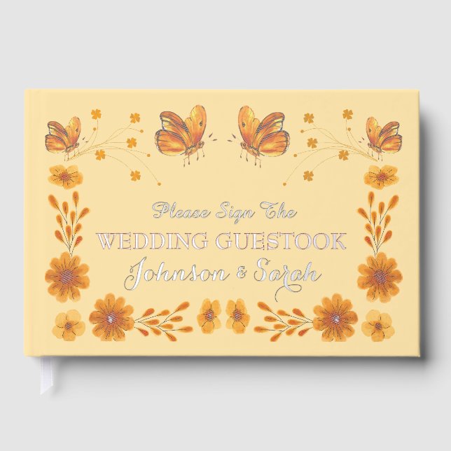 Floral Orange Butterfly Watercolor Wedding  Guest Book (Front)