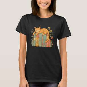Floral Orange Cat Sleeping On Books T-Shirt