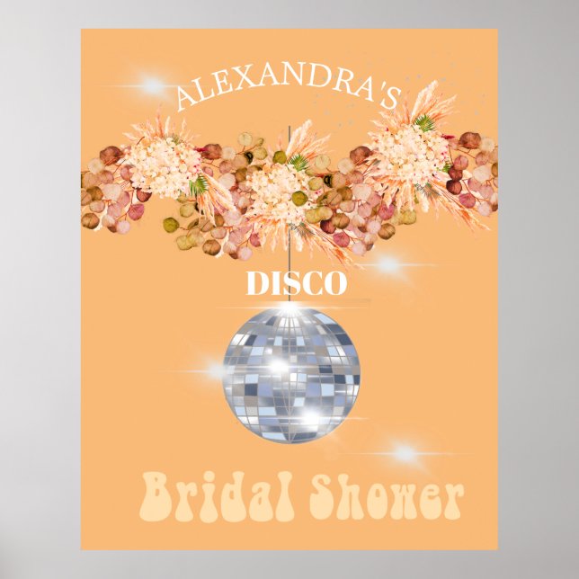 Floral Orange Disco Ball Bridal Shower Poster (Front)