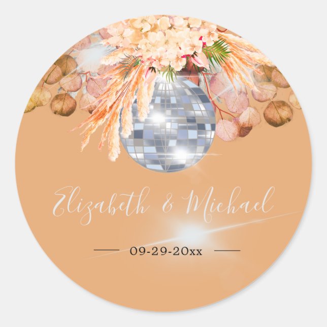 Floral Orange Eucalyptus Elegant Disco Classic Round Sticker (Front)