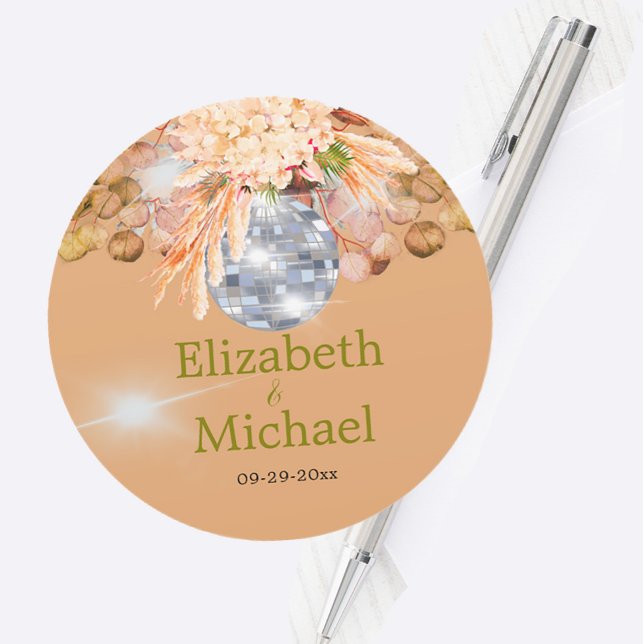 Floral Orange Eucalyptus Pampas Elegant Disco Classic Round Sticker (Creator Uploaded)