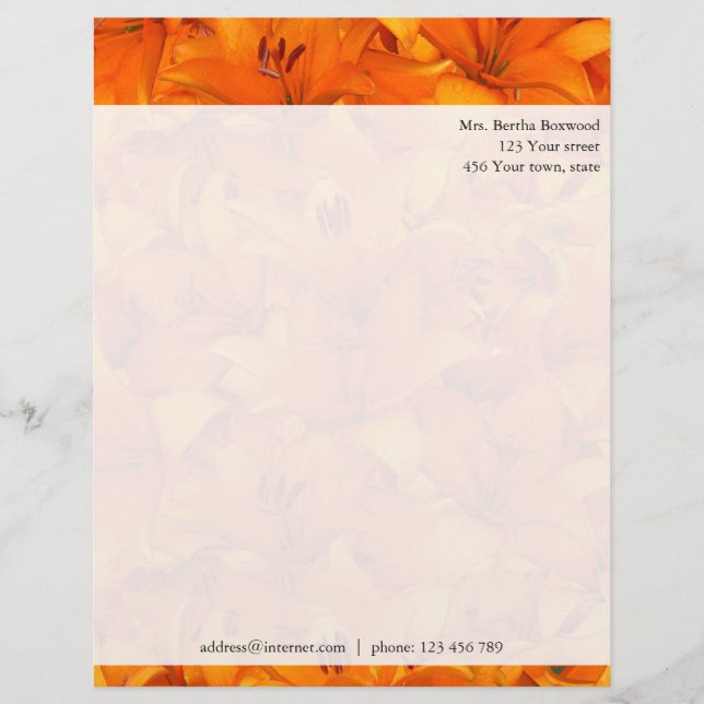 Floral Orange Garden Lilies Custom Address Letterhead (Front)