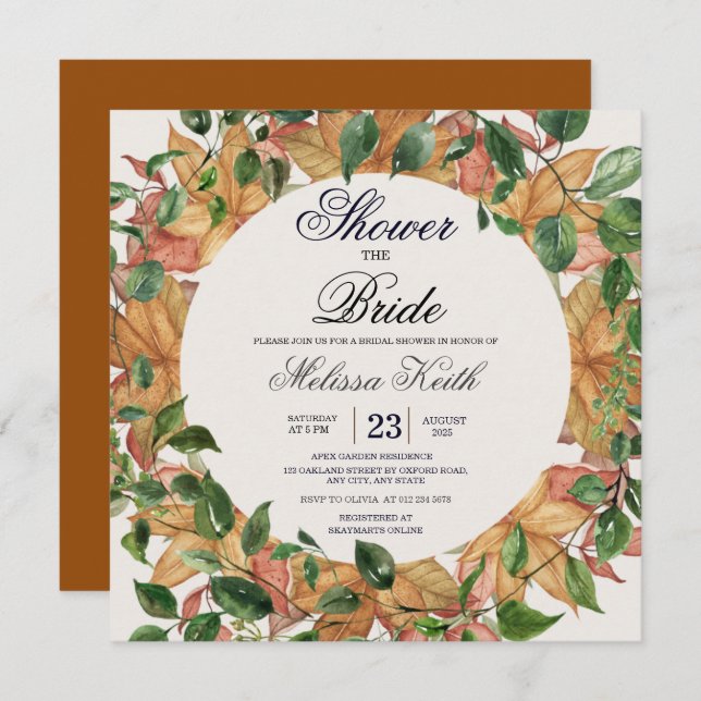 Floral Orange Greenery Watercolor Bridal Shower Invitation (Front/Back)