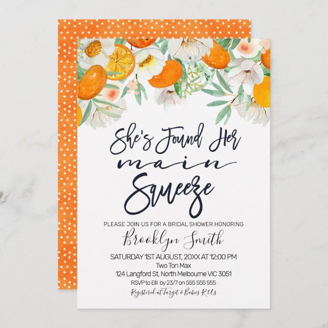 Floral orange main squeeze bridal shower invite (Front/Back)