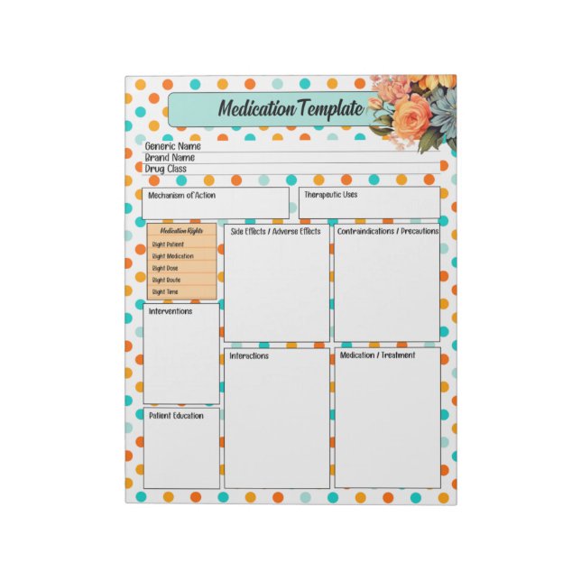 Floral Orange n Blue _ Medication Template Notepad (Rotated)