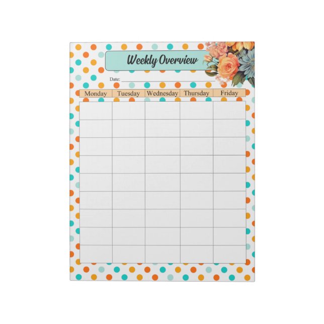 Floral Orange n Blue Polka Dots _ Weekly Overview Notepad (Rotated)