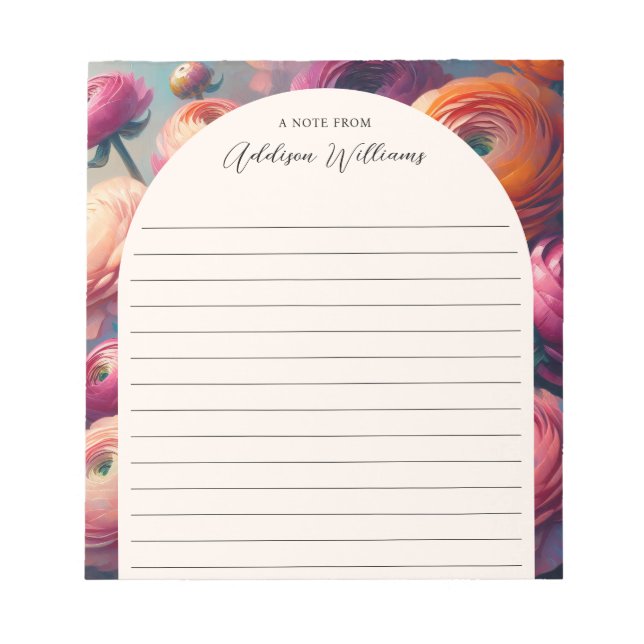 Floral Orange Pink Ranunculus Lined Personalised Notepad (Front)