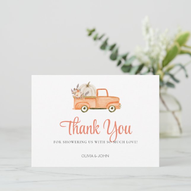 Floral Orange Pumpkin Truck Thank You Card (Standing Front)