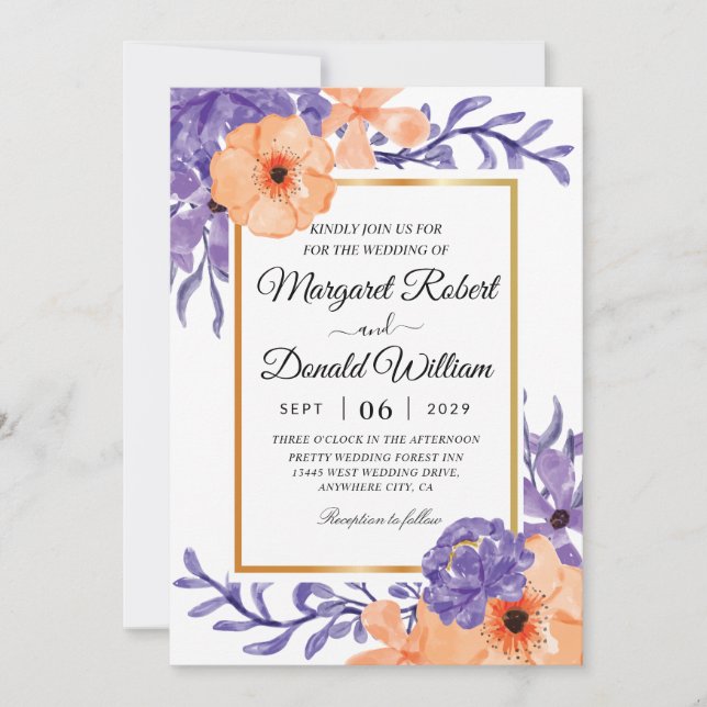 floral orange purple geometric wedding invitations (Front)