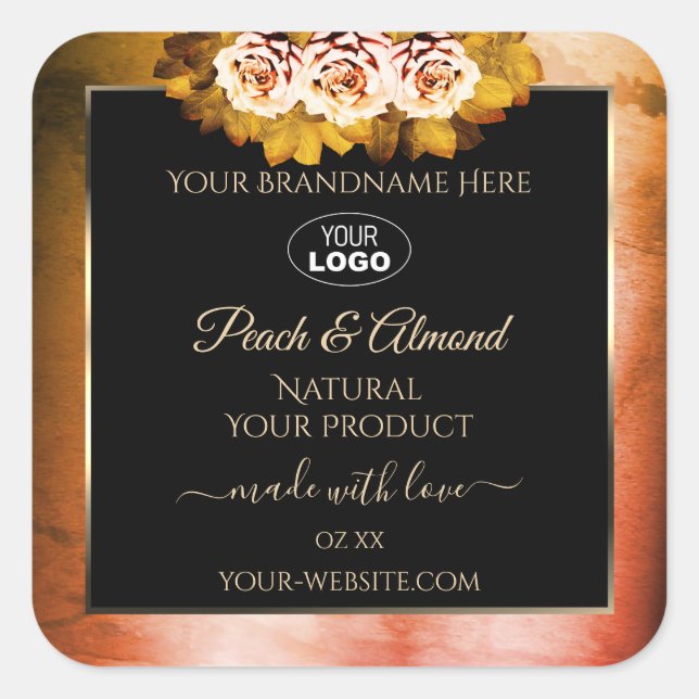 Floral Orange Red Marble Black Product Labels Logo (Front)