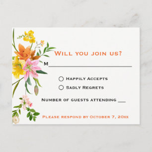Floral Orange RSVP Lily Flowers - Wedding - Pink Invitation Postcard