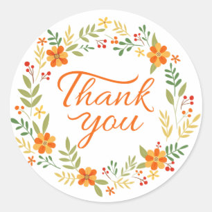 Floral Orange Thank You Flower Green Leaf Wreath Classic Round Sticker