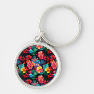 Floral Orange Tropical Flowers With Leaves-6677 Key Ring