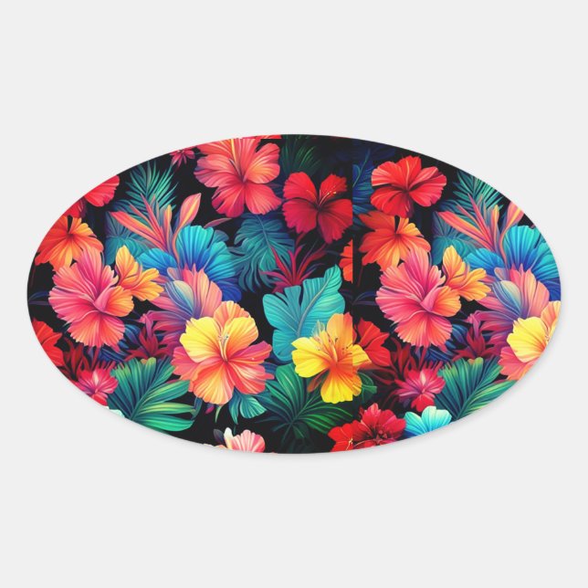 Floral Orange Tropical Flowers With Leaves Oval Sticker (Front)