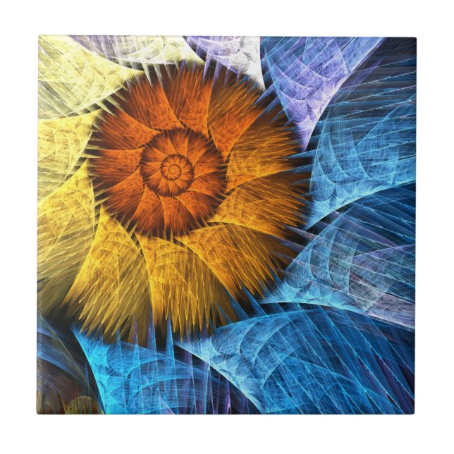 Floral Orange Yellow Blue Abstract Art Ceramic Tile (Front)