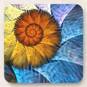 Floral Orange Yellow Blue Abstract Art Coaster