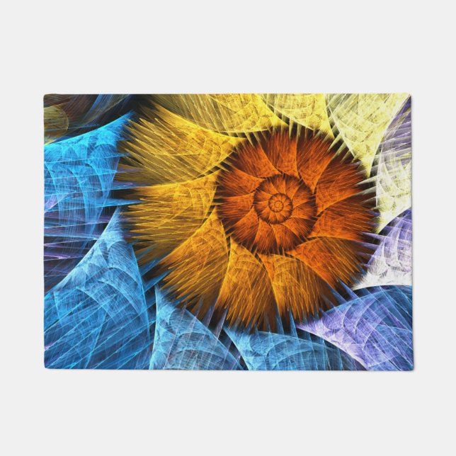 Floral Orange Yellow Blue Abstract Art Doormat (Front)