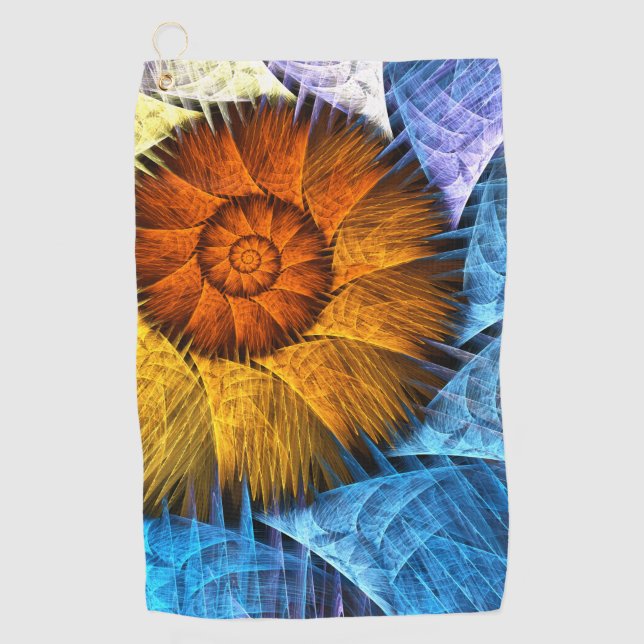 Floral Orange Yellow Blue Abstract Art Golf Towel (Front)