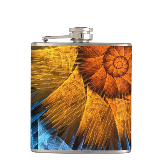 Floral Orange Yellow Blue Abstract Art Hip Flask (Front)