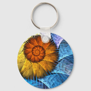 Floral Orange Yellow Blue Abstract Art Key Ring