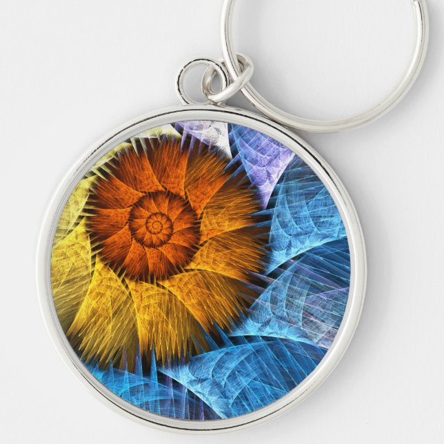 Floral Orange Yellow Blue Abstract Art Key Ring (Front)