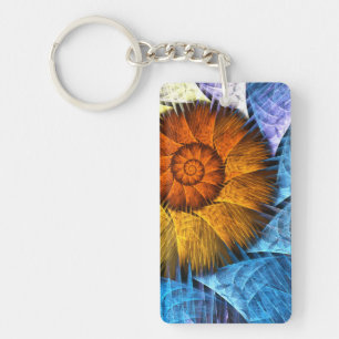 Floral Orange Yellow Blue Abstract Art Key Ring