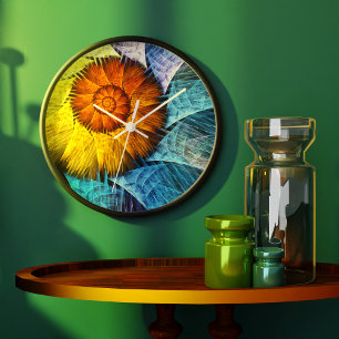 Floral Orange Yellow Blue Abstract Art Large Clock