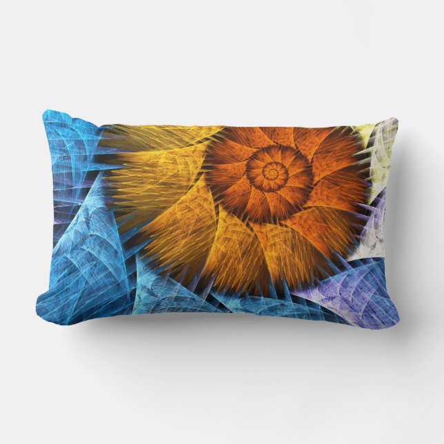 Floral Orange Yellow Blue Abstract Art Lumbar Cushion (Front)