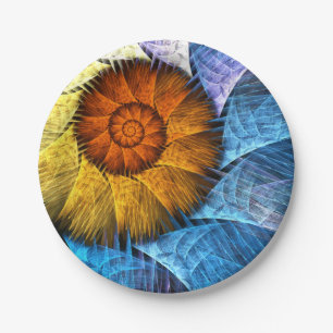 Floral Orange Yellow Blue Abstract Art Paper Plate