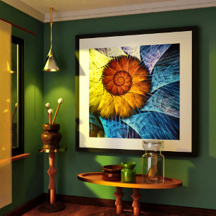 Floral Orange Yellow Blue Abstract Art Poster