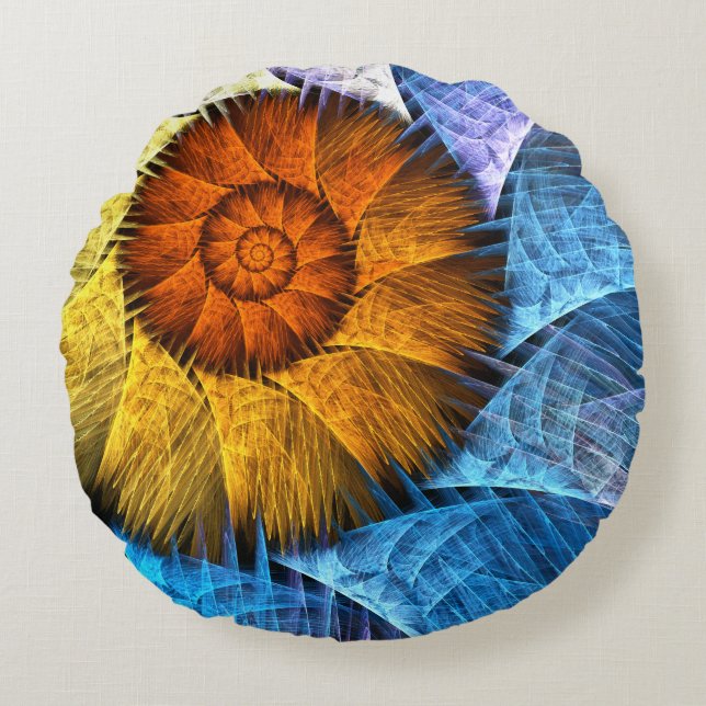 Floral Orange Yellow Blue Abstract Art Round Cushion (Front)
