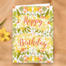Floral Orange Yellow Original Art Happy Birthday 