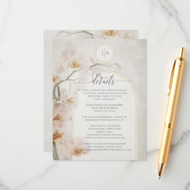 Floral Orchid Gold Geometric Blush Pink Details Enclosure Card (Front/Back In Situ)