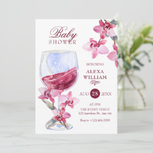 Floral orchid wine watercolor baby shower invitation