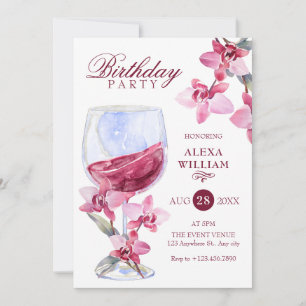 Floral orchid wine watercolor birthday party invitation