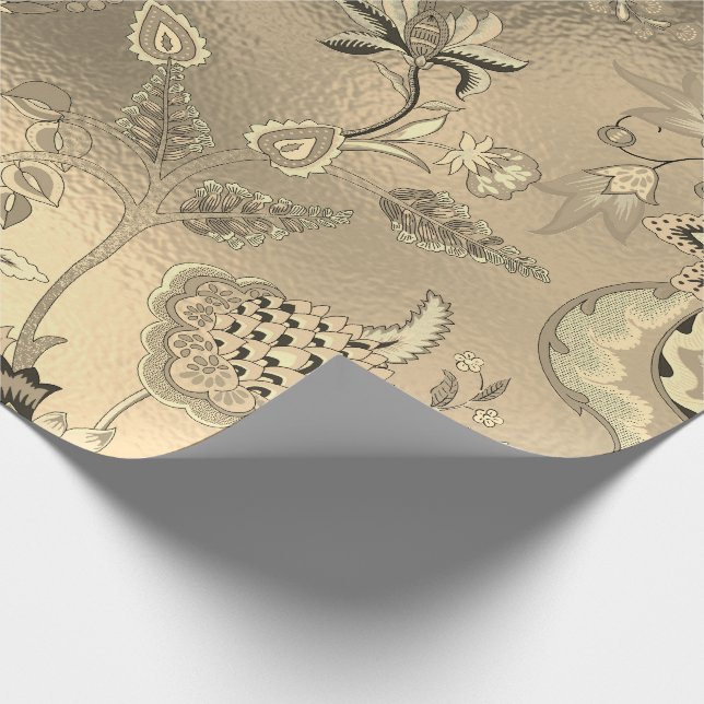 Floral Oriental Garden Gold Sepia Foxier Glass Wrapping Paper (Corner)