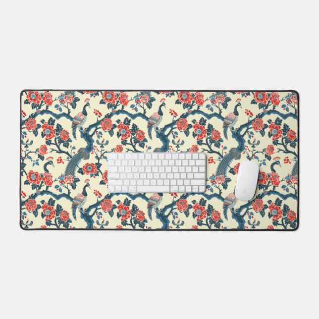 Floral Oriental Peacock Japandi style Desk Mat (Keyboard & Mouse)